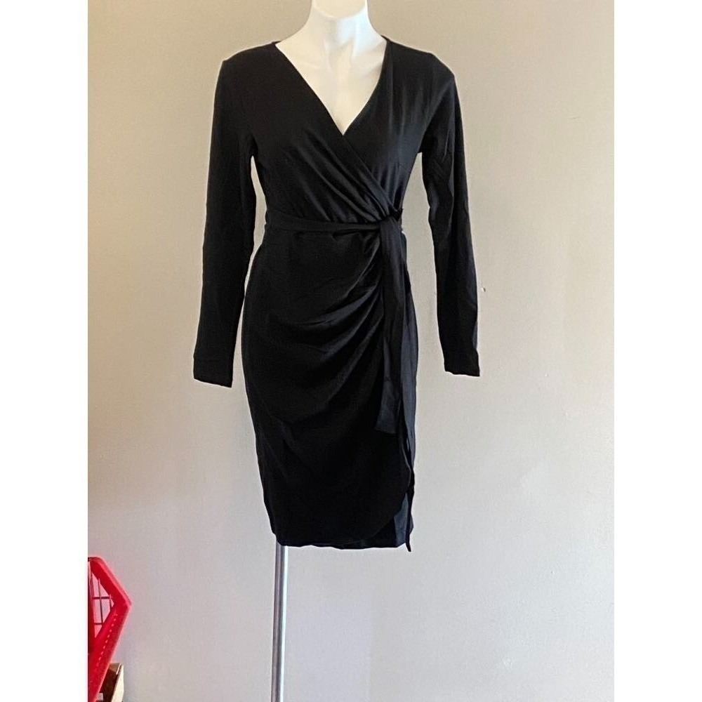 Women's‎ Faux Wrap Dress by Sunglory Black 3/4 Sleeve Size M New With Tags - Picture 10 of 12
